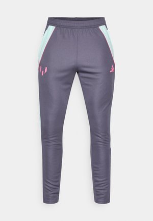 Tumedat hallid spordipüksid helesiniste küljeribade, roosade detailide ja elastse vöökohaga. Omavad kitsast lõiget ja siledat tekstuuri.