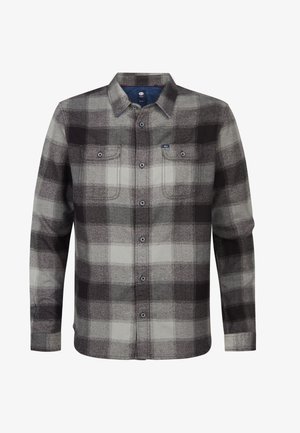 Plaid flannel shirt with gray, black, and white colors. Features two chest pockets, button front, and a collared neckline. Soft texture.
