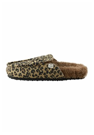 Leopard print slip-on slipper with plush brown fur lining and black rubber sole, shown from the side on a white background.