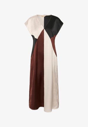 Sukienka w kolorowe bloki z dekoltem w serek, z panelami w kolorach czarnym, bordowym, kremowym i beżowym. Wykonana z gładkiego satynowego materiału. Krótkie rękawy.
