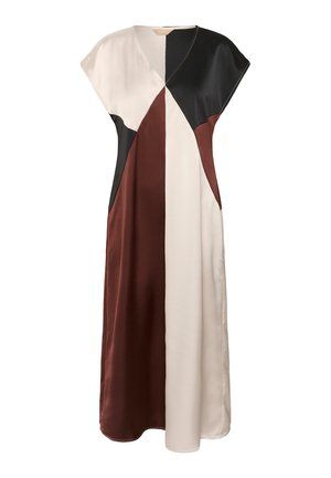 Vestido a bloques de color con escote en V, que presenta paneles en negro, burdeos, crema y marrón. Fabricado en suave tela de satén. Mangas cortas.