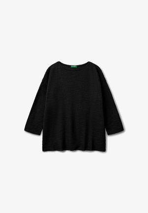 Schwarzer, langärmeliger, gerippter Strickpullover mit rundem Ausschnitt und legerer Passform, flach auf weißem Hintergrund dargestellt.