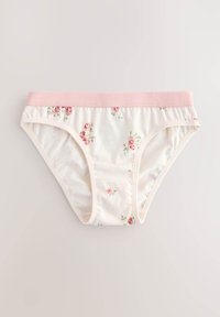 Culotte en coton à motif floral avec une ceinture élastique rose clair, présentant un motif de petites roses sur un fond blanc cassé. Coupe classique, texture douce.