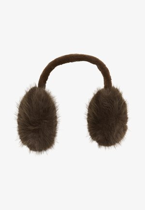 Hnedé huňaté ušiaky s mäkkým pásikom pokrytým látkou, ktorý spája dve veľké chlpaté kryty na uši.