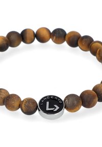Bransoletka z koralików z brązowego kamienia oko tygrysa, z czarnym akcentem logo oraz napisem "LANCERTO" w kolorze srebrnym na okrągłym metalowym zapięciu.