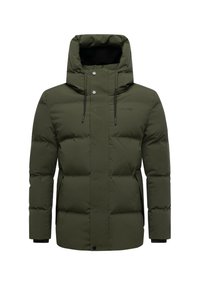 Tamsiai žalia pūkinė striukė su aukštu apykakle ir kapišonu. Su prisegamais mygtukais ir reguliuojamomis raištelėmis. Lygi tekstūra, siuvinėtas raštas.