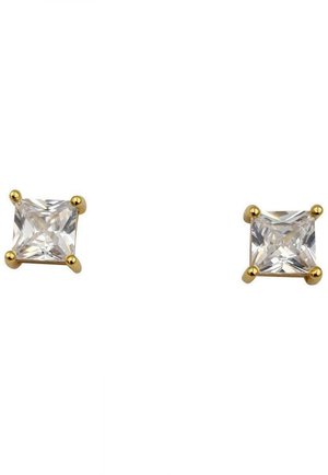Orecchini a stud in tono oro con pietre quadrate in zirconia cubica trasparente, montate in impostazioni a quattro griffe e superfici lucide.