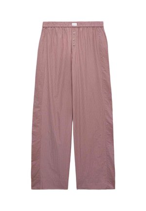 Loszittende broek met dunne verticale bordeauxrode en witte strepen, drie knopen aan de voorkant en elastische tailleband.