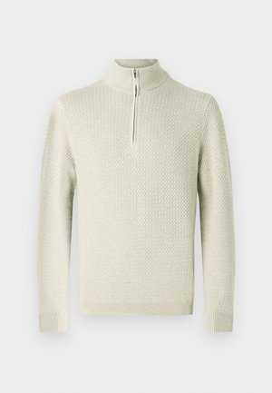 Hellbeige strukturierter Strickpullover mit hohem Kragen und einem Viertellangen Reißverschluss, ausgestattet mit gerippten Bündchen und Saum.