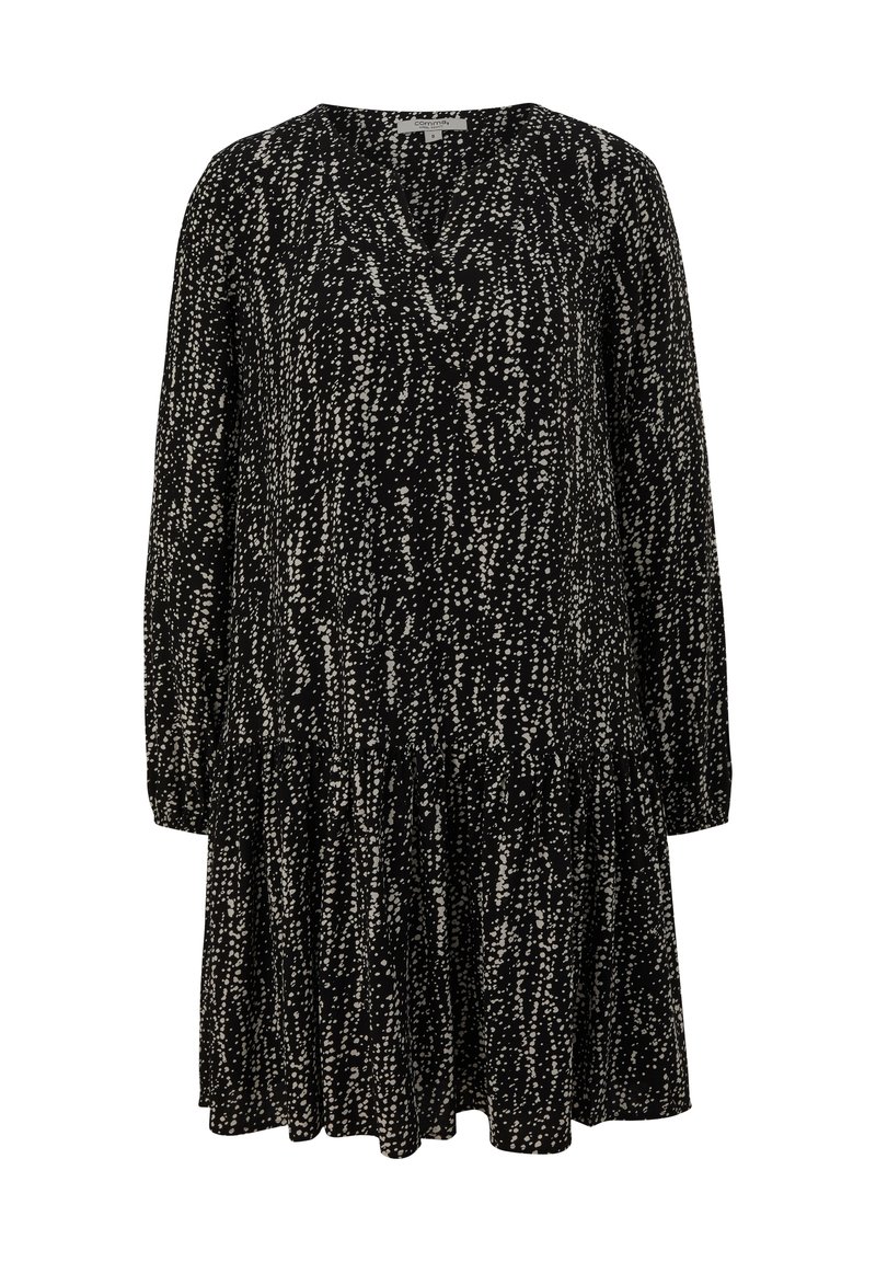 Schwarzes Kleid mit weiß gepunktetem Muster, V-Ausschnitt, langen Ärmeln und gestuftem Rock. Der Stoff wirkt leicht und hat eine glatte Textur.
