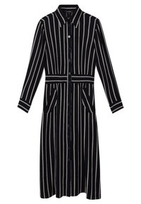 Robe midi noire à manches longues avec rayures verticales blanches, boutonnage sur le devant, col et deux poches avant.