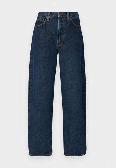 Weite blaue Denim-Jeans mit hoher Taille, klassischem Fünf-Taschen-Stil und kontrastierenden Nähten entlang der Nähte.