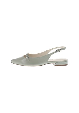 Light gray slingback flat shoe with pointed toe, small block heel, and adjustable buckle strap across the front and ankle.