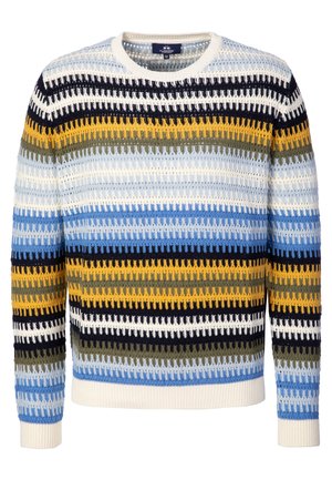 Pull en maille à manches longues avec des rayures horizontales en crème, jaune, vert olive, bleu clair, marine et noir, avec un col rond.