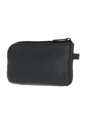 Pochette noire zippée avec une ligne en relief de bonshommes se tenant la main sur le devant, un bonhomme avec les bras levés.