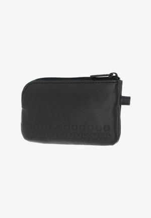 Pochette noire zippée avec une ligne en relief de bonshommes se tenant la main sur le devant, un bonhomme avec les bras levés.
