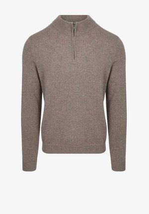 Knit sweater in light brown with a high collar, 1/4 zip front, and long sleeves. Features a soft texture and ribbed cuffs and hem.