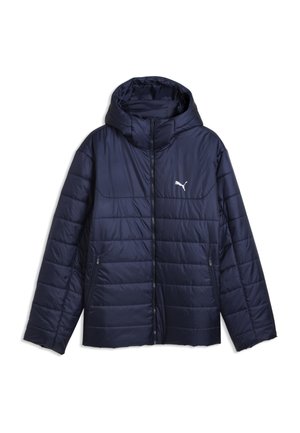 Marineblaue gesteppte Jacke mit Kapuze, Frontreißverschluss, seitlichen Reißverschlusstaschen und weißem Puma-Logo auf der Brust.