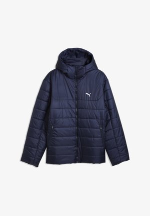 Marineblauwe gewatteerde jas met capuchon, ritssluiting aan de voorkant, zijzakken met rits en wit Puma-logo op de borst.