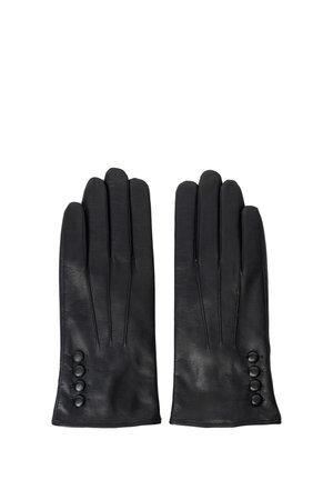 Zwarte leren handschoenen met een gladde textuur, met vijf langwerpige vingers en drie decoratieve knopen op de manchette.