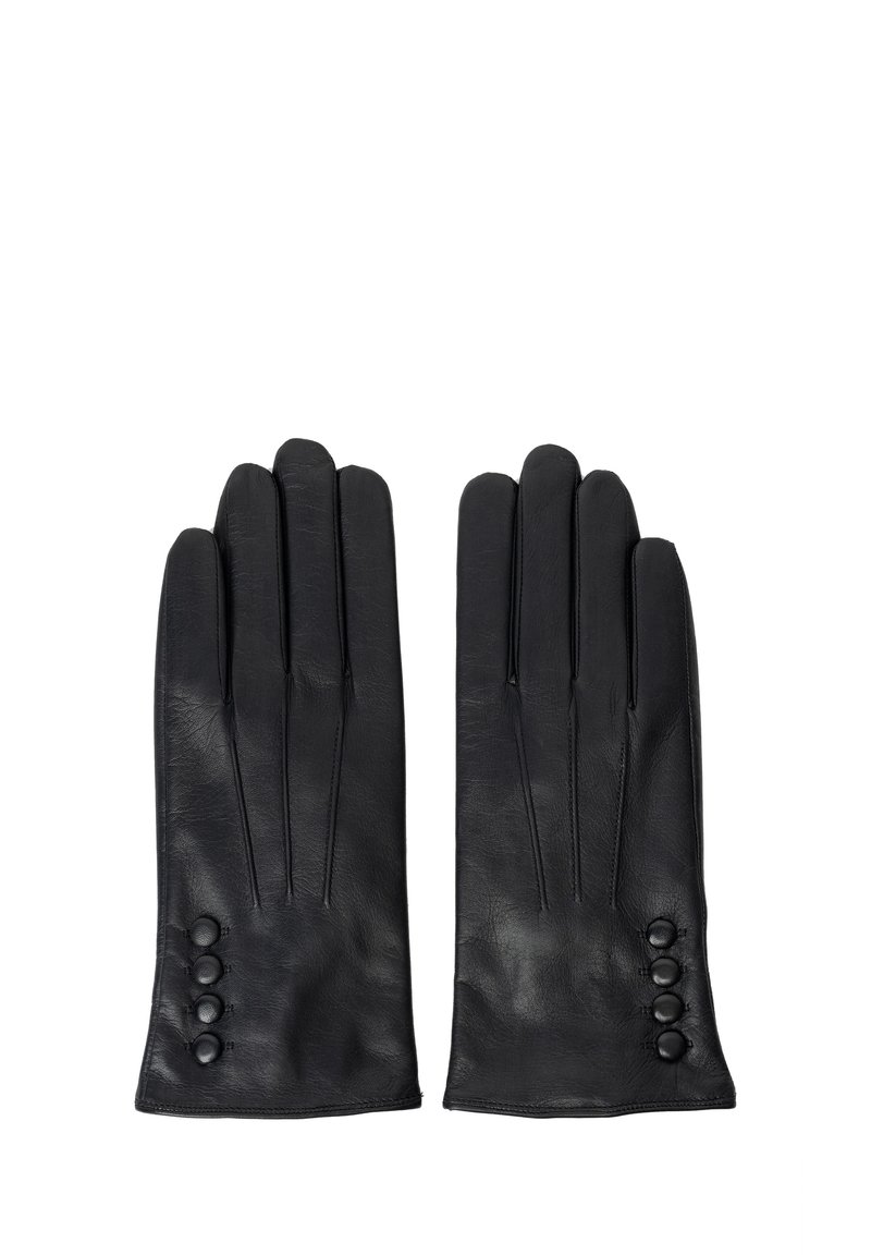 Guantes de cuero negro con una textura suave, que cuentan con cinco dedos alargados y tres botones decorativos en el puño.