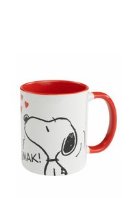 Tazza di ceramica bianca con interno e manico rossi. Presenta un cane cartone nero con cuori e il testo "SMAK!" su un lato.