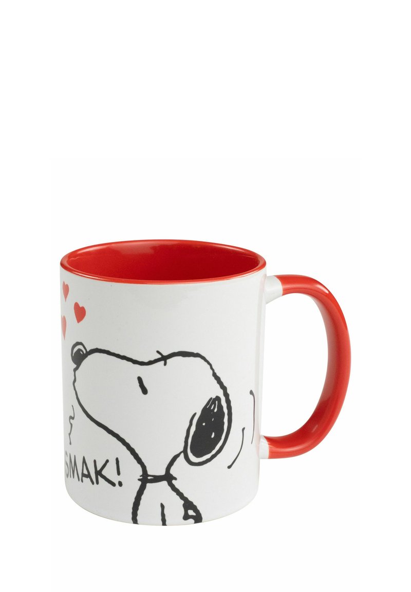Tazza di ceramica bianca con interno e manico rossi. Presenta un cane cartone nero con cuori e il testo "SMAK!" su un lato.