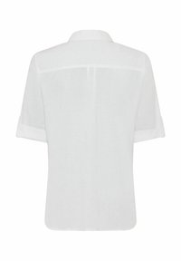 Weißes, kurzärmliges Hemd aus leichtem Stoff. Besitzt einen Kragen und hochgerollte Ärmel mit einem geraden Saum. Schlichtes Design ohne Verzierungen.