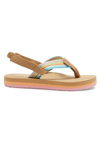 Bruine sandaal met een gestreepte stoffen band in blauw, roze en groen, voorzien van een dikke zool met lagen in beige, oranje en roze.