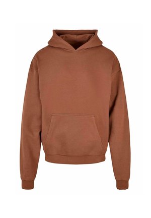 Brauner Kapuzenpullover aus weichem Material, mit einer Fronttasche und gerippten Bündchen an Ärmeln und Saum. Einfaches und lässiges Design.