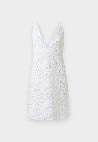 Λευκό αμάνικο φόρεμα μέχρι το γόνατο με βαθύ V-λαιμόκοψη και διακοσμητικό δαντέλας με ανθικά σχέδια σε ανοιχτό φόντο.