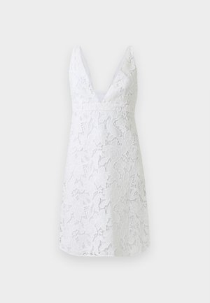 White sleeveless knee-length dress with deep V-neck and floral lace overlay on a light background.