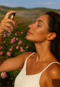 Bouteille pulvérisateur en verre transparent avec pompe noire et dorée, vaporisant un liquide. Le sujet a un éclat naturel, portant un haut sans manches blanc, entouré de fleurs roses.