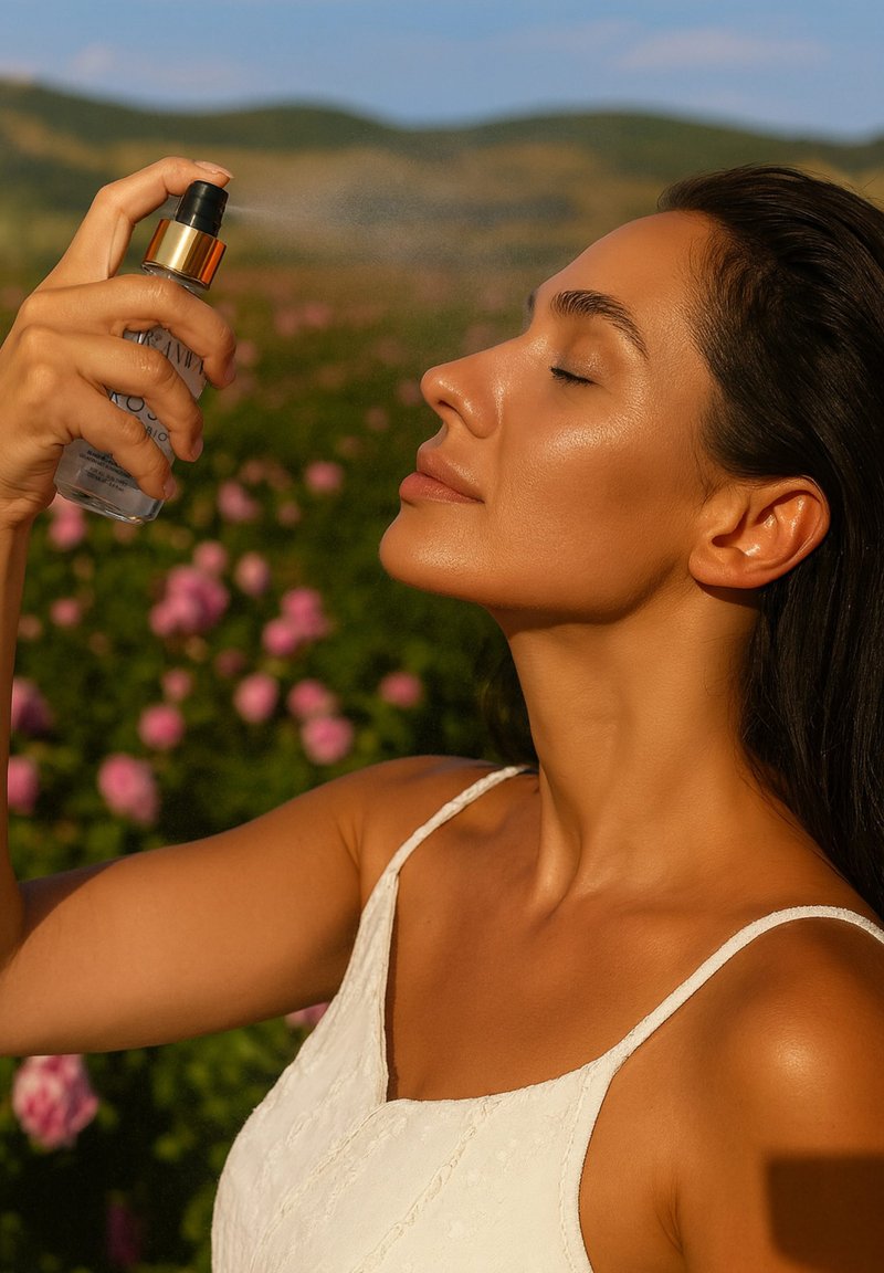 Bouteille pulvérisateur en verre transparent avec pompe noire et dorée, vaporisant un liquide. Le sujet a un éclat naturel, portant un haut sans manches blanc, entouré de fleurs roses.