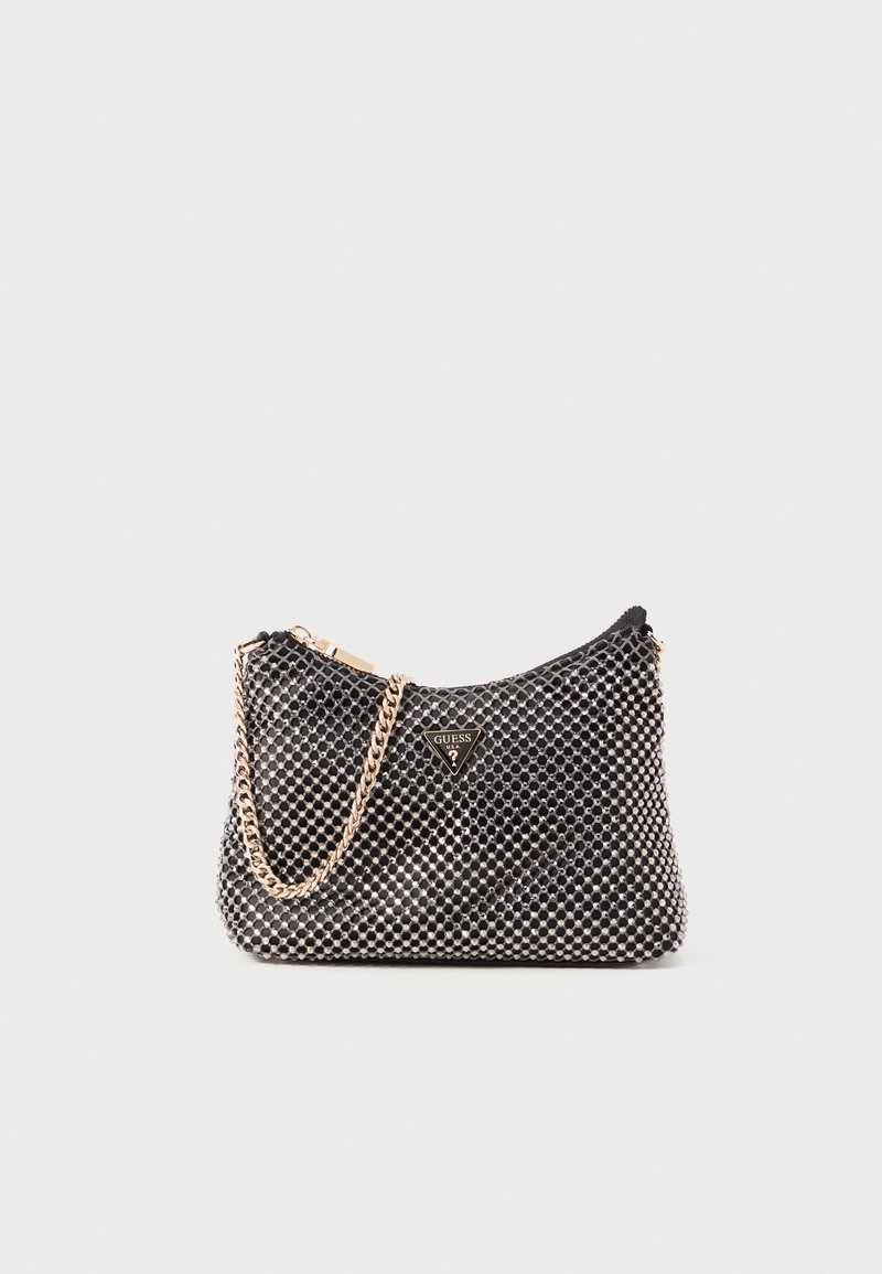 Black mesh handbag with gold chain strap, featuring a triangular logo detail. Smooth texture with a curved silhouette and zip closure.