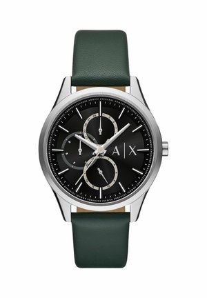 Silberne runde Armbanduhr mit schwarzem Zifferblatt, drei Unterzifferblättern, weißen Markierungen und dunkelgrünem Lederarmband, die die Zeit 1:53:36 anzeigt.