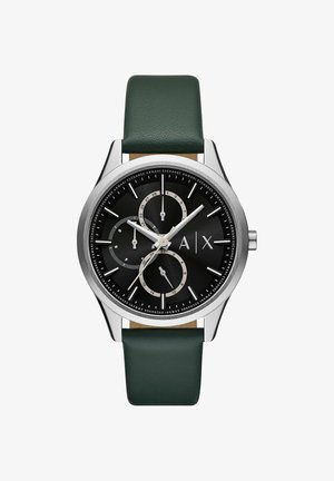 Silberne runde Armbanduhr mit schwarzem Zifferblatt, drei Unterzifferblättern, weißen Markierungen und dunkelgrünem Lederarmband, die die Zeit 1:53:36 anzeigt.
