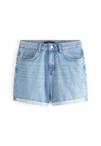 Ljusblå denimshorts med hög midja, upplagda fållar, femfickdesign och kopparfärgad hårdvara. Mjuk textur och avslappnad passform.