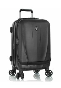 Black carry-on suitcase with a textured exterior, four spinner wheels, a telescopic handle, and a logo on the front.