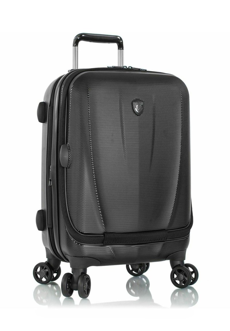 Black carry-on suitcase with a textured exterior, four spinner wheels, a telescopic handle, and a logo on the front.