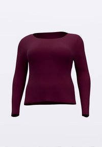 Daljši rokavi topa v globoki burgundski barvi, rebraste teksture, z okroglim izrezom in oprijetim krojem s skrajšanim robom. Brez vidne blagovne znamke.