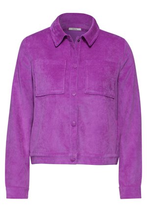 Purple corduroy jacket with a collared neckline, front button closure, and two chest pockets. Textured fabric with a slightly cropped fit.