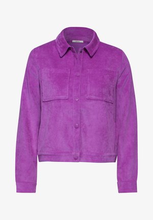 Purple corduroy jacket with a collared neckline, front button closure, and two chest pockets. Textured fabric with a slightly cropped fit.