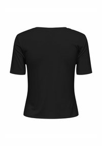 Camiseta negra de manga corta con escote redondeado y silueta ajustada. Textura de tela suave, espalda sin costuras y sin patrones o acentos visibles.