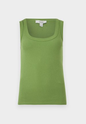 Débardeur vert côtelé sans manches avec encolure carrée et étiquette de la marque Topshop à l'intérieur du col.