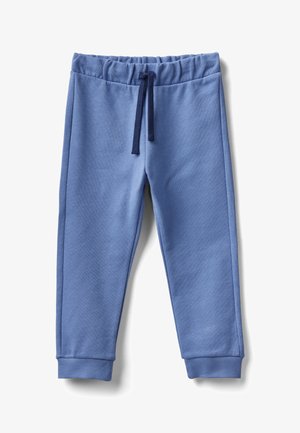 Blue children's jogger pants with elastic waistband and navy drawstring, ribbed cuffs at ankles, displayed on white background.