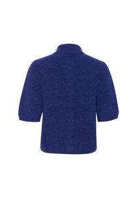 Lyhythihainen, korkeakauluksellinen pullover syvässä sinisessä villasekoitteessa, jossa on tekstuuripinta ja rento, laatikkomainen siluetti.