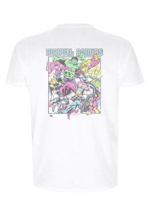 Weißes Baumwoll-T-Shirt mit einem bunten Grafikdesign verschiedener Comicbuchfiguren auf der Rückseite, mit dem Text "MARVEL COMICS" darüber.