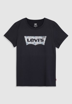 Juodas medvilninis marškinėliai su apvaliu iškirpimu ir trumpomisRankovėmis. Priekyje yra didelis Levi's logotipas gėlių raštu.