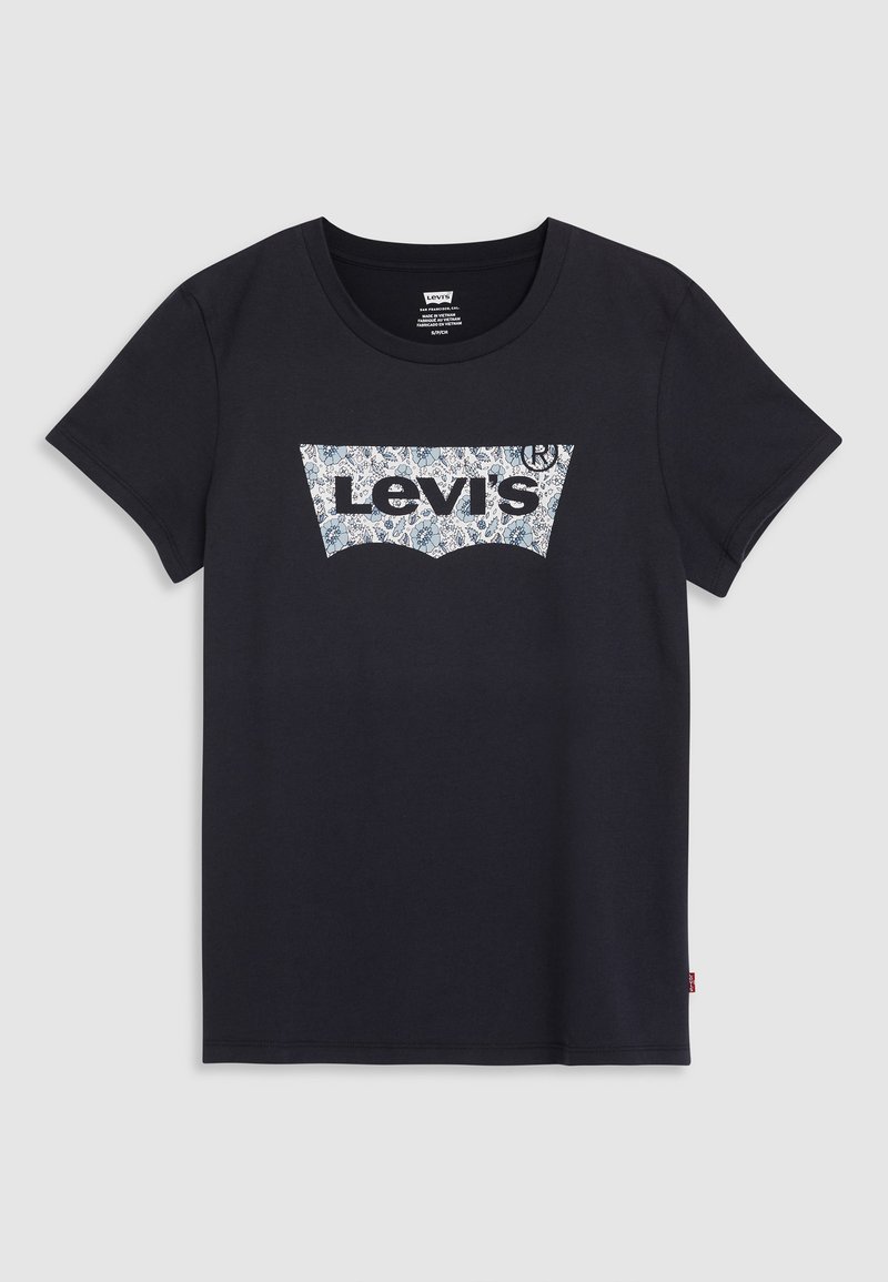 Schwarzes Baumwoll-T-Shirt mit rundem Ausschnitt und kurzen Ärmeln. Beinhaltet ein großes Levi's-Logo in floralem Design auf der Vorderseite.